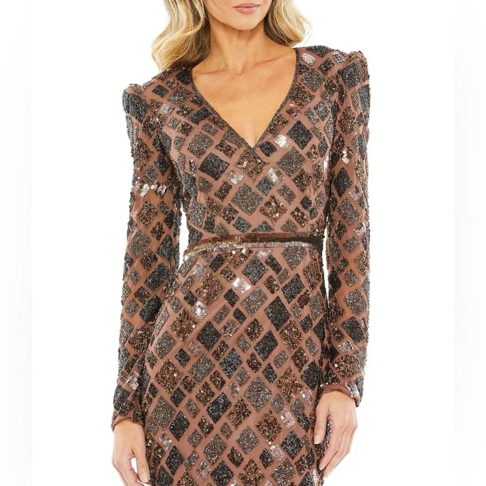 Mac Duggal Full Beaded Printed Back Slit Midi Dress - Size 10 $498 NEW WITH TAGS - Picture 3 of 16